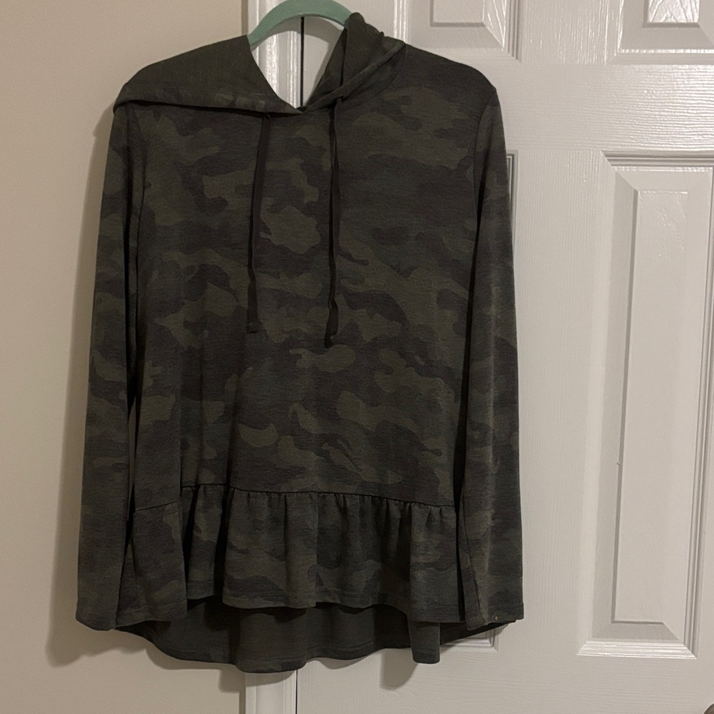 Jane and Delancey Camouflage Hoodie with Ruffle Hem